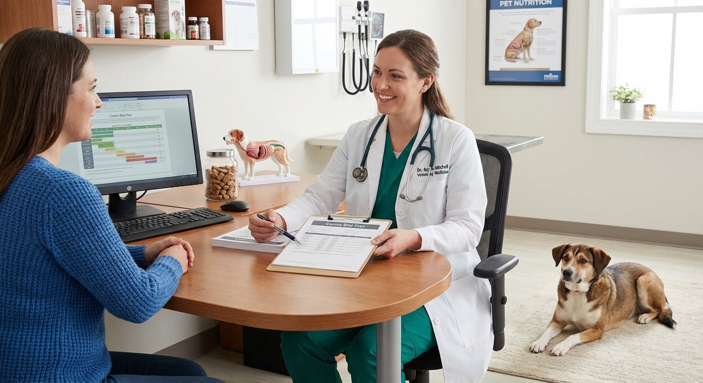 A veterinarian sitting at an exam room desk reviewing a dog’s diet notes with a pet owner while a calm mixed breed dog rests on the floor beside them, photorealistic