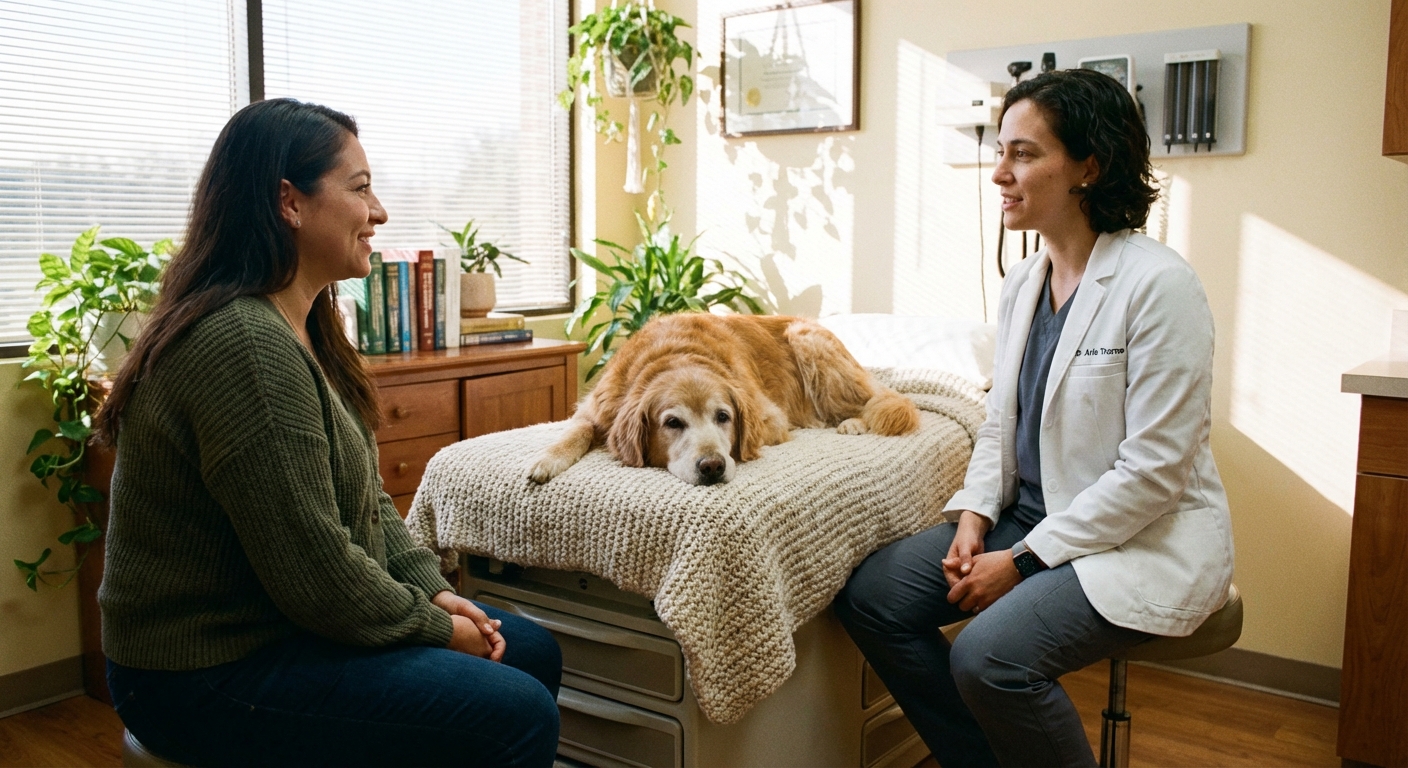 A veterinarian sitting in an exam room speaking calmly with a dog owner while an older dog rests on a blanket