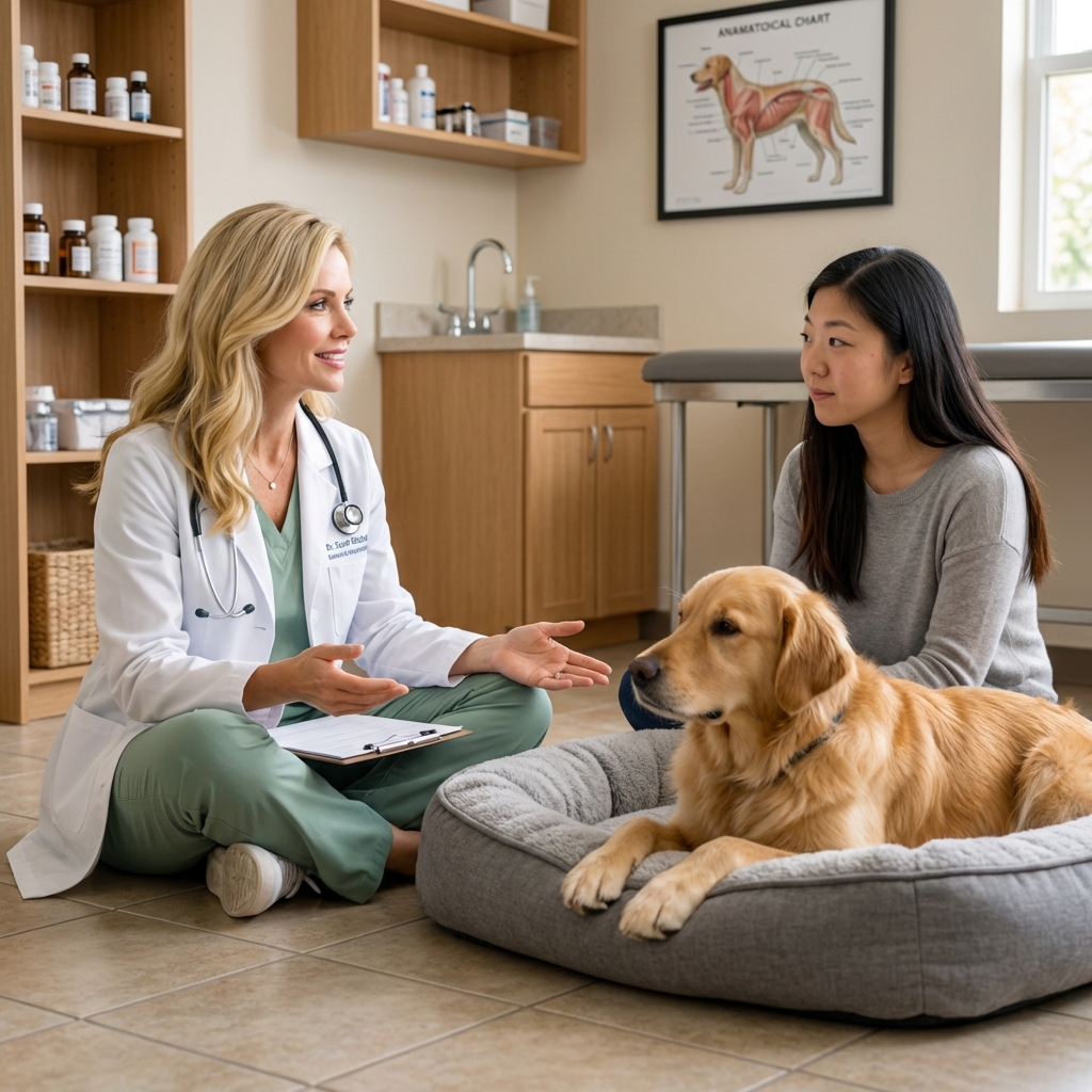 A veterinarian sitting on the floor beside a dog bed while speaking gently with a pet owner in a calm exam room