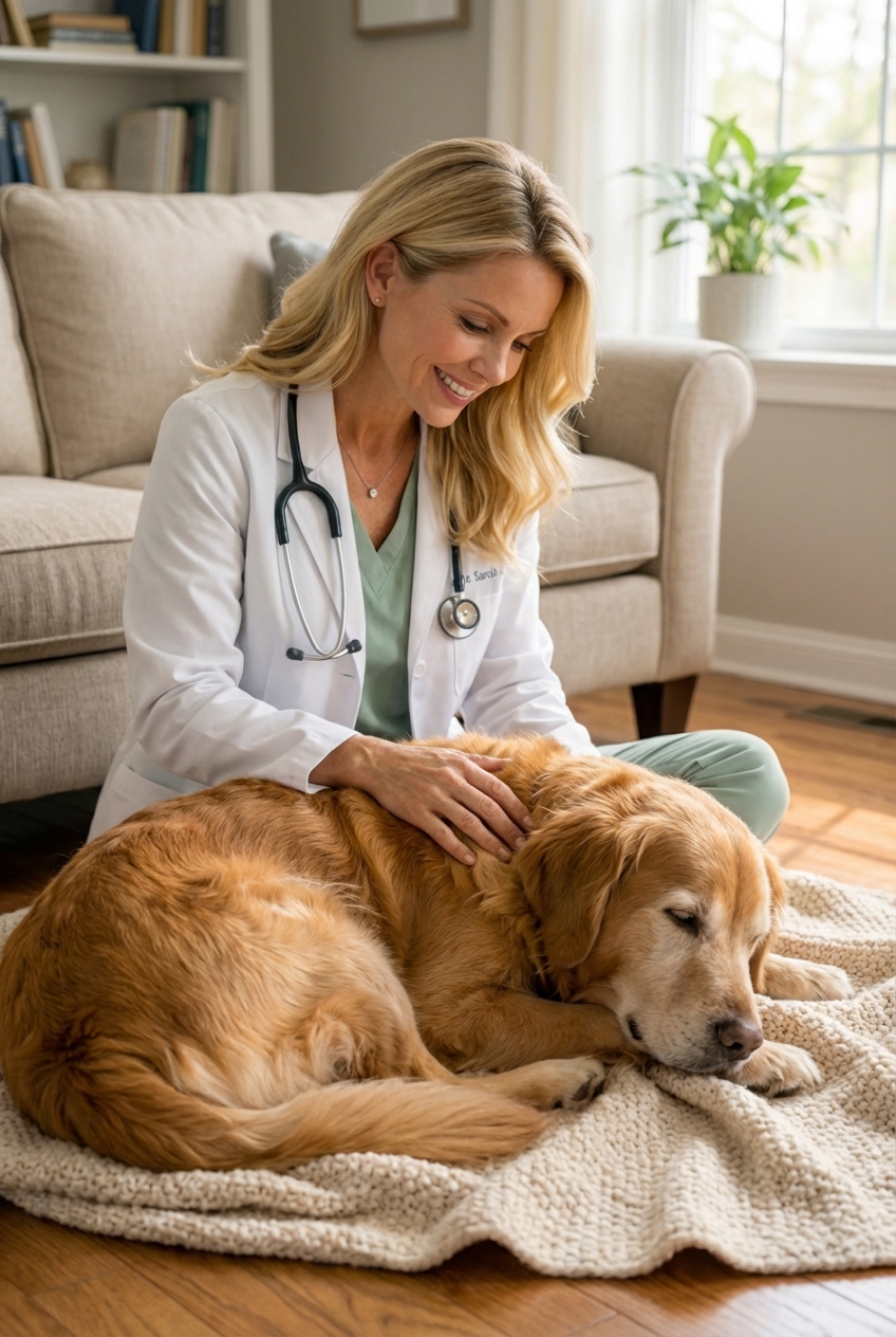 A veterinarian sitting on the floor beside a dog with the dog resting on a blanket