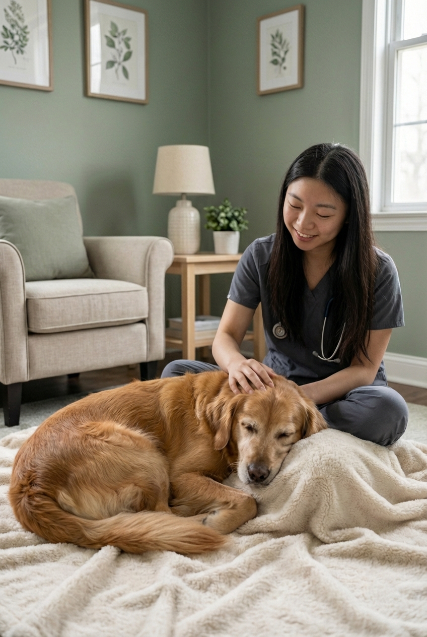 A veterinarian sitting on the floor in a living room gently comforting a dog on a blanket