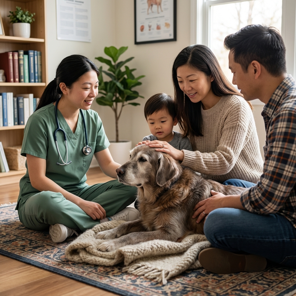A veterinarian sitting on the floor in a quiet room while a family comforts their elderly dog on a blanket