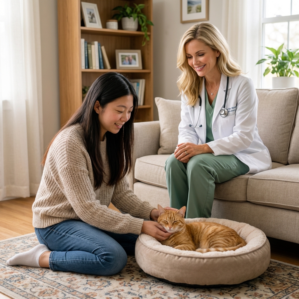 A veterinarian sitting quietly in a living room beside a cat bed while a family member gently pets a cat