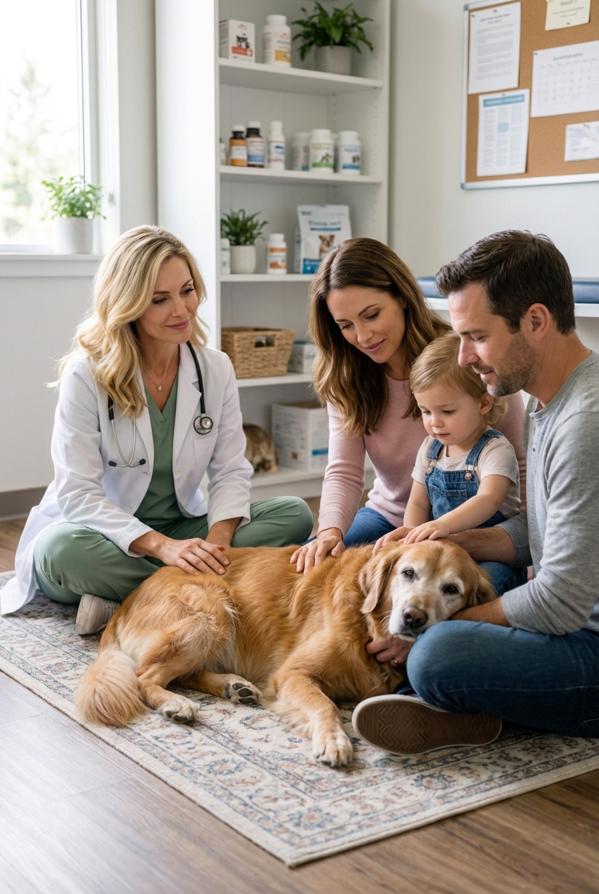 A veterinarian sitting quietly on the floor beside a senior dog while a family gently pets the dog