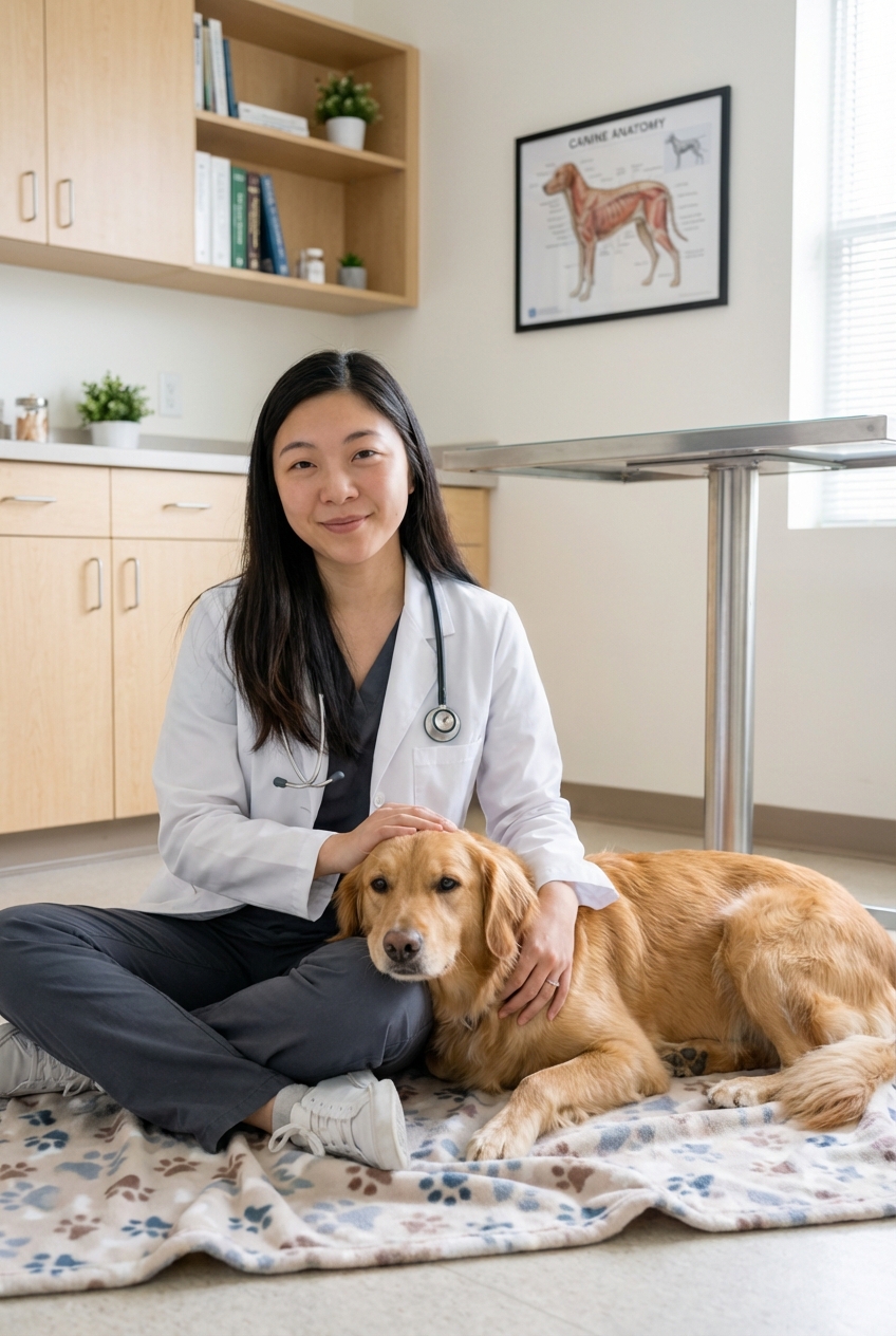 A veterinarian sitting quietly with a dog on a soft blanket in a calm exam room