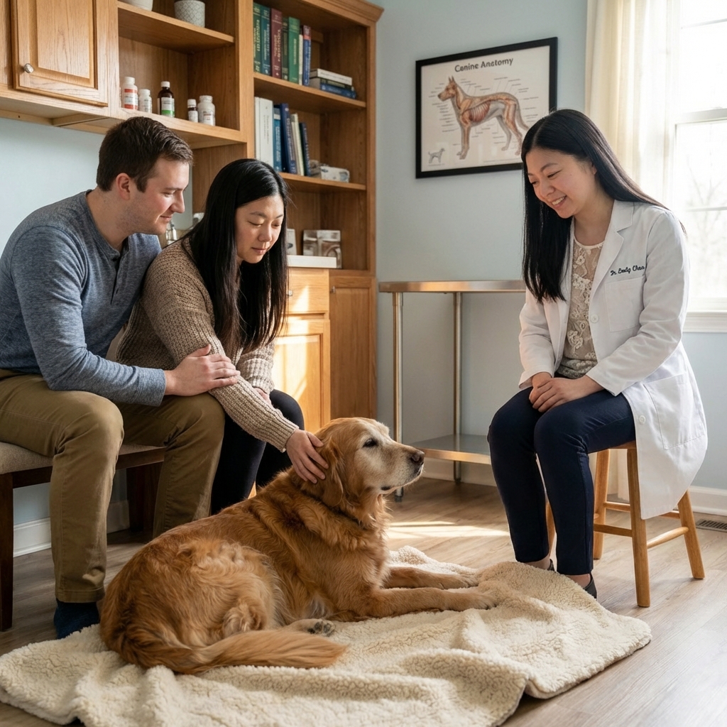 A veterinarian sitting quietly with a family in a calm exam room while a dog lies on a soft blanket