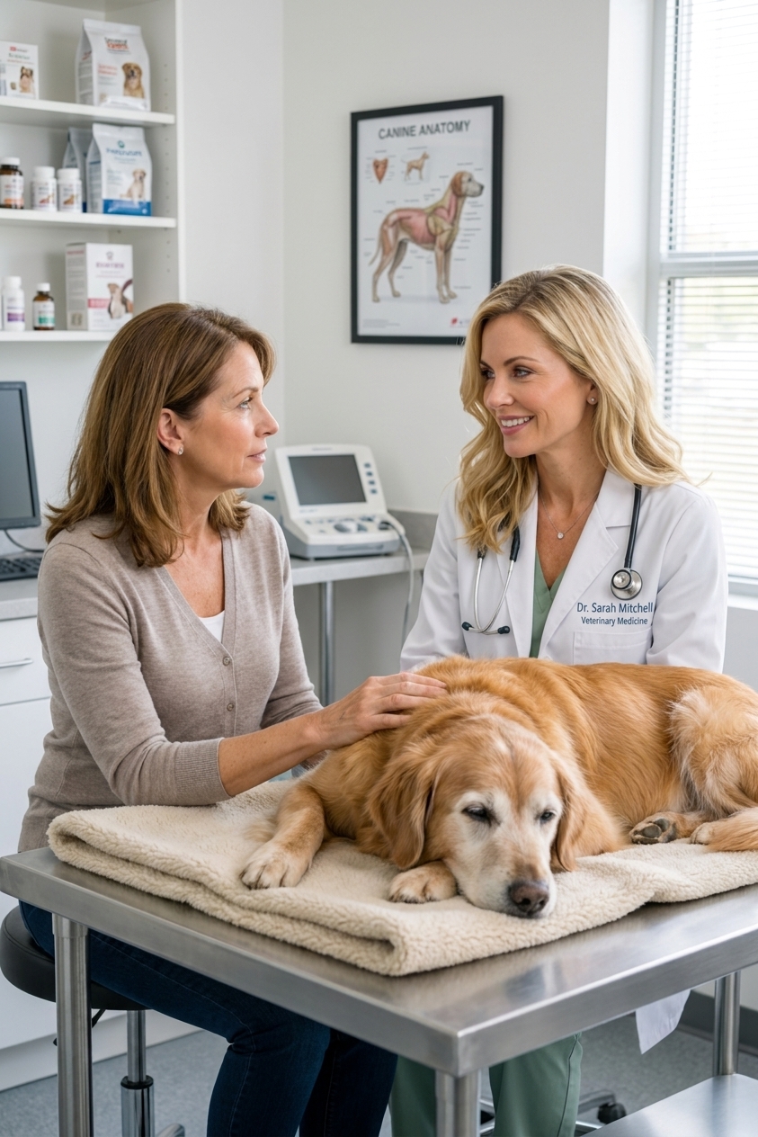 A veterinarian sitting with a client in an exam room while a senior dog rests on a blanket, realistic clinic photograph
