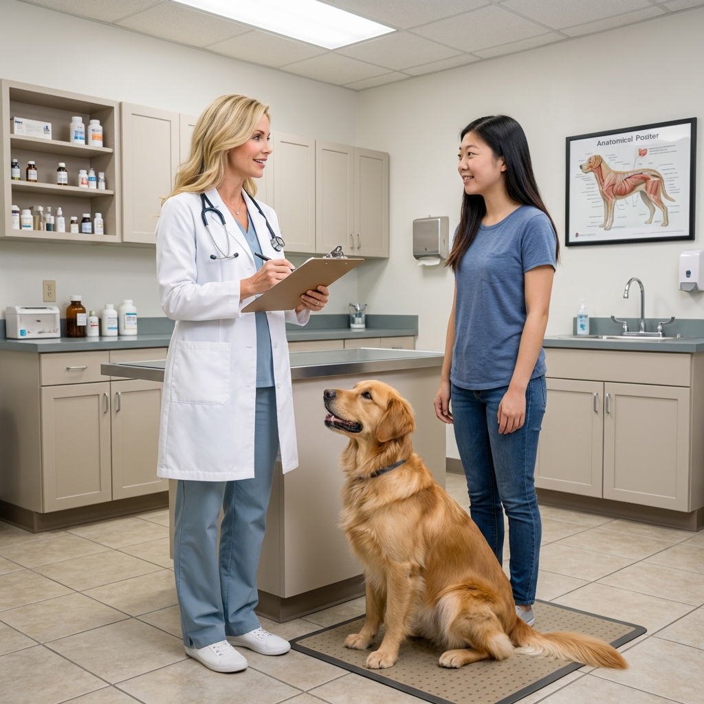 A veterinarian speaking with a dog owner in an exam room while the dog sits calmly on the floor