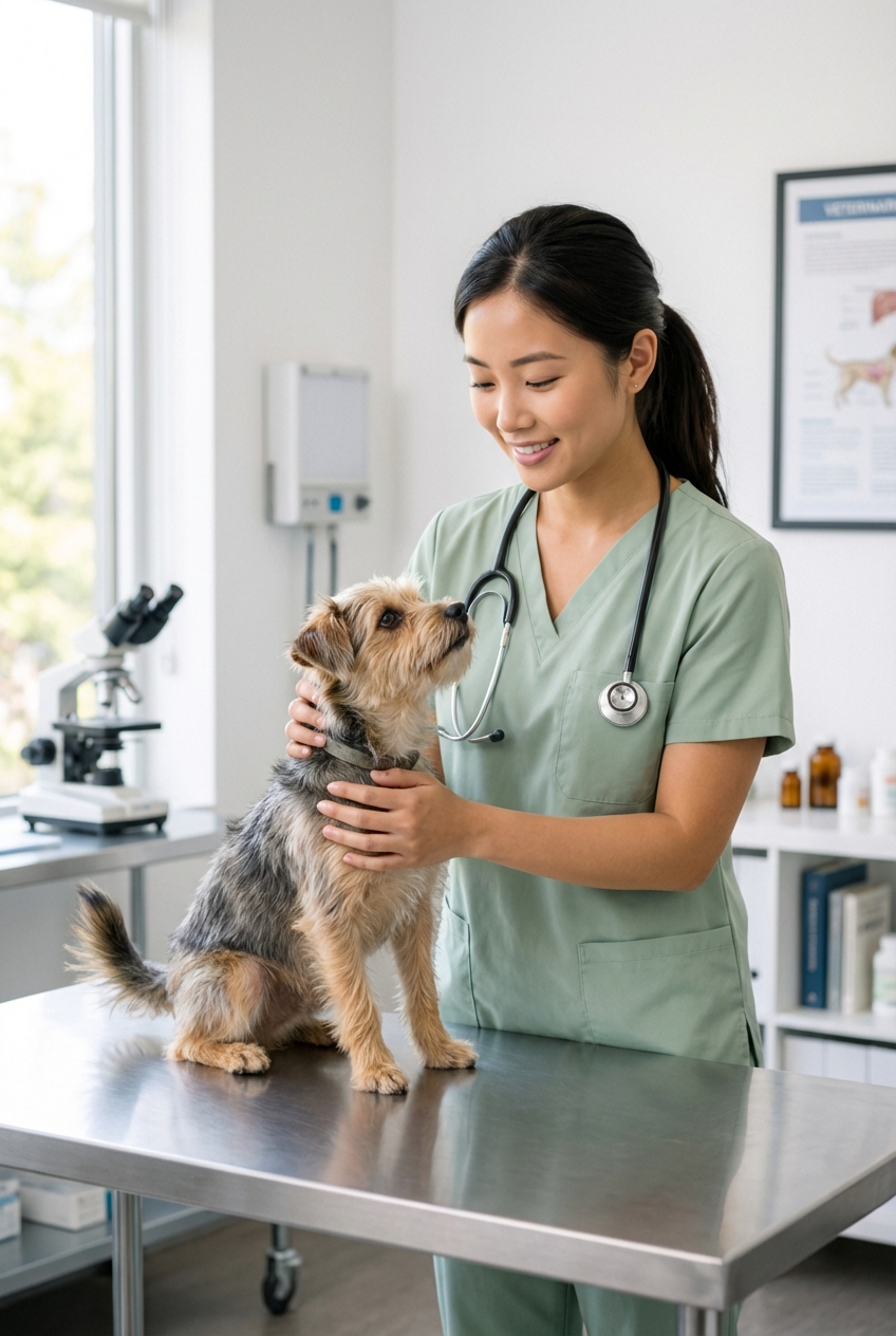 A veterinarian technician holding a small dog gently on an exam table in a bright clinic room