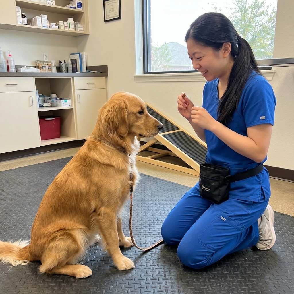 A veterinarian technician holding a treat pouch while a dog focuses during indoor training
