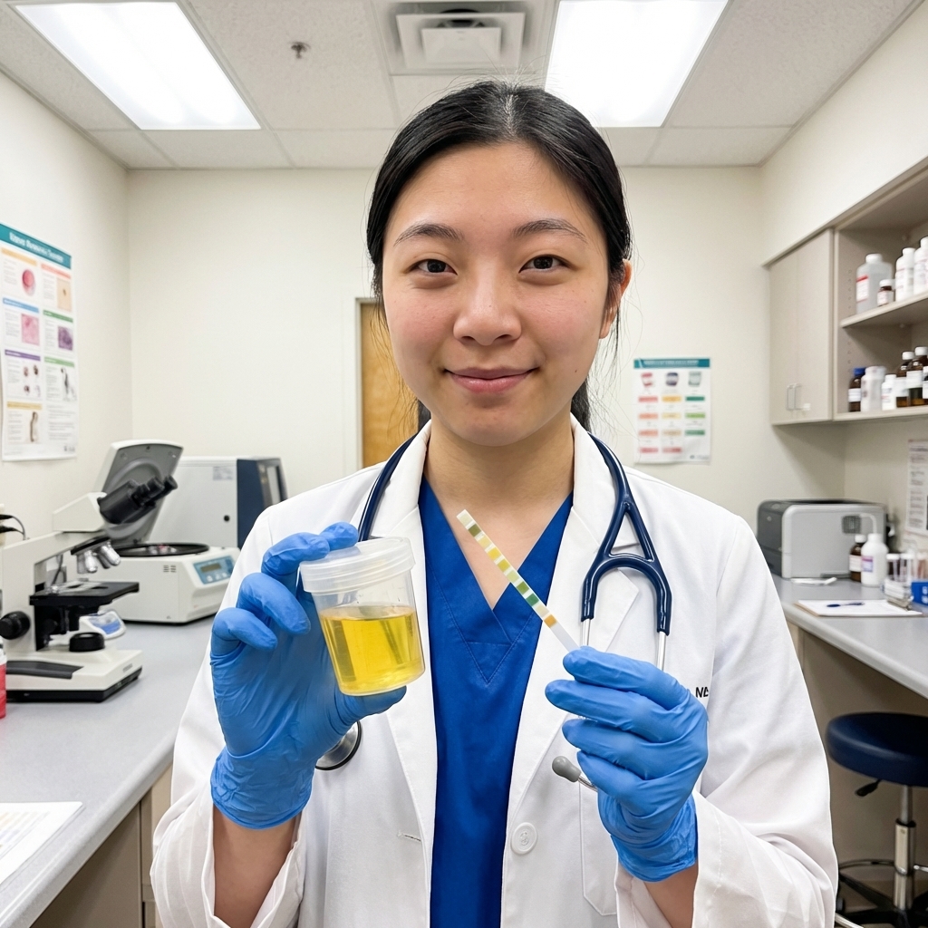 A veterinarian technician holding a urine sample container and a test strip in a clinic lab setting, clean bright lighting, photorealistic