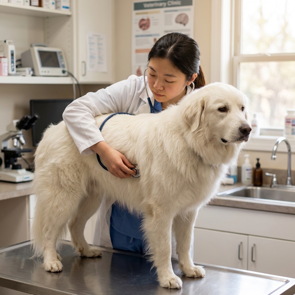 A veterinarian using a stethoscope to listen to a Great Pyrenees’ chest during a clinic exam, photorealistic veterinary setting with soft lighting
