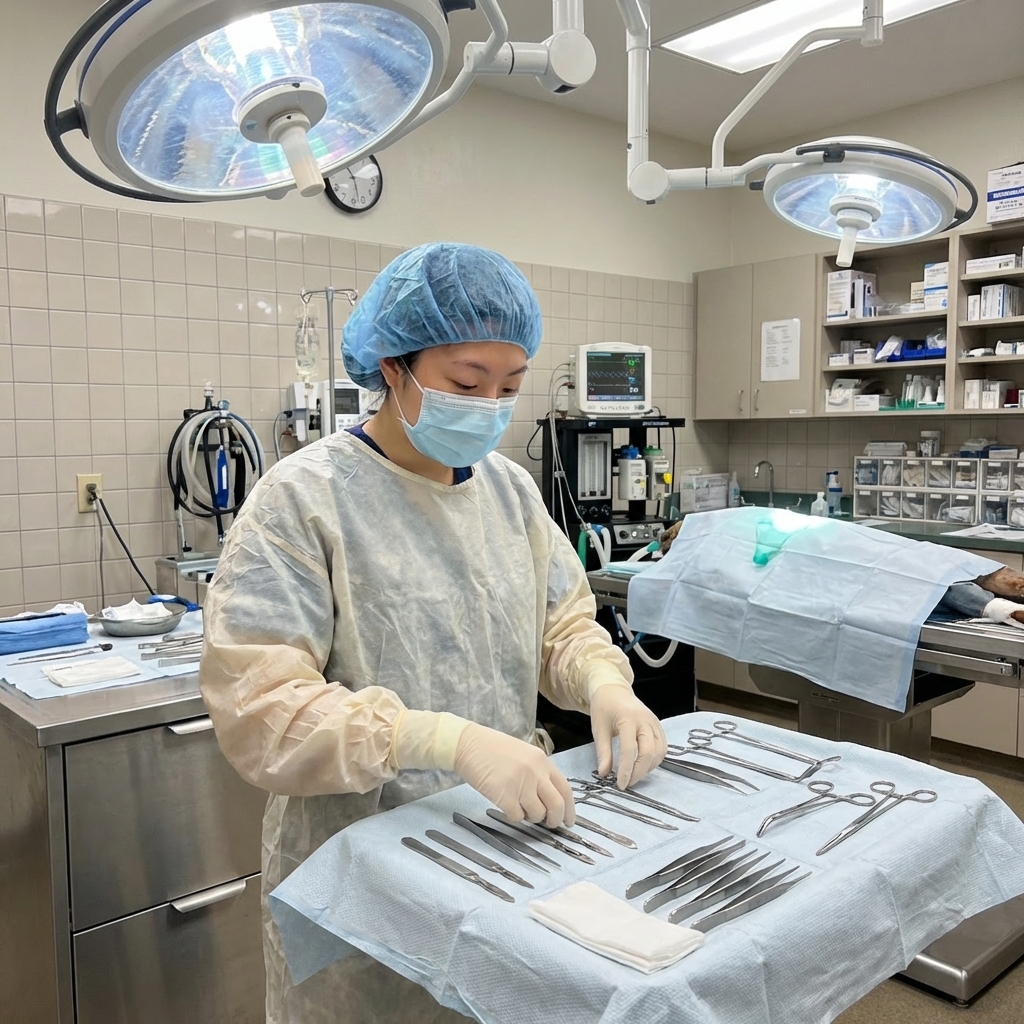 A veterinarian wearing a cap and mask preparing sterile instruments on a surgical tray under bright operating room lights, realistic veterinary surgery setting, documentary-style photo