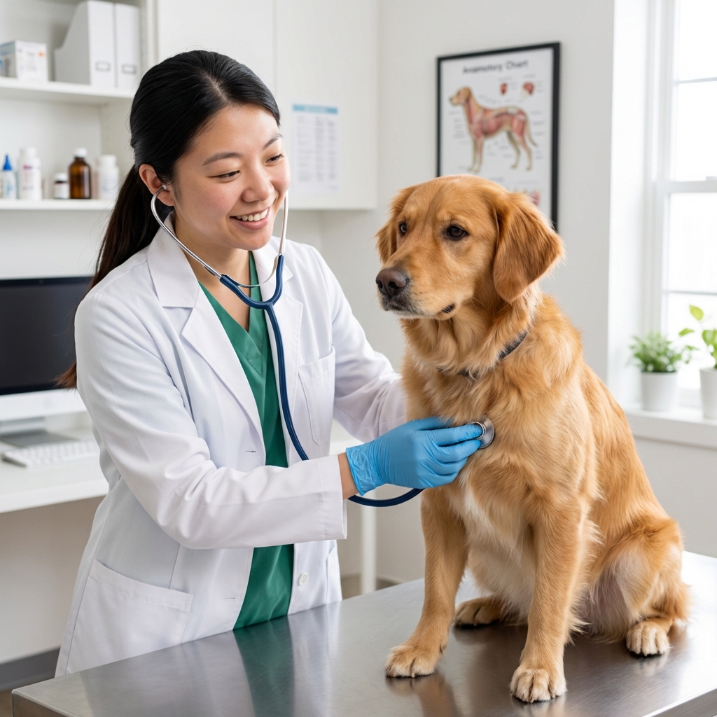 A veterinarian wearing gloves gently examining a calm dog in a clinic exam room