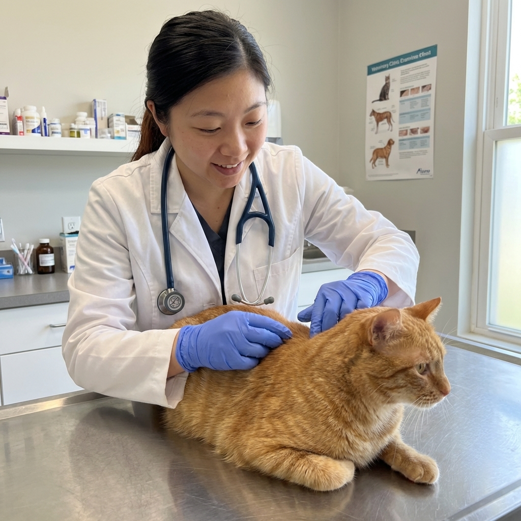 A veterinarian wearing gloves gently examining a cat’s coat on an exam table in a veterinary clinic
