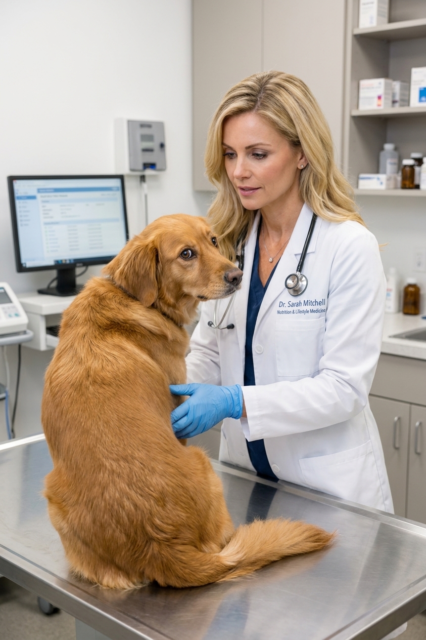 A veterinarian wearing gloves gently examining a medium-sized dog on a clinic exam table, the dog looking back with a concerned expression, real clinical photo