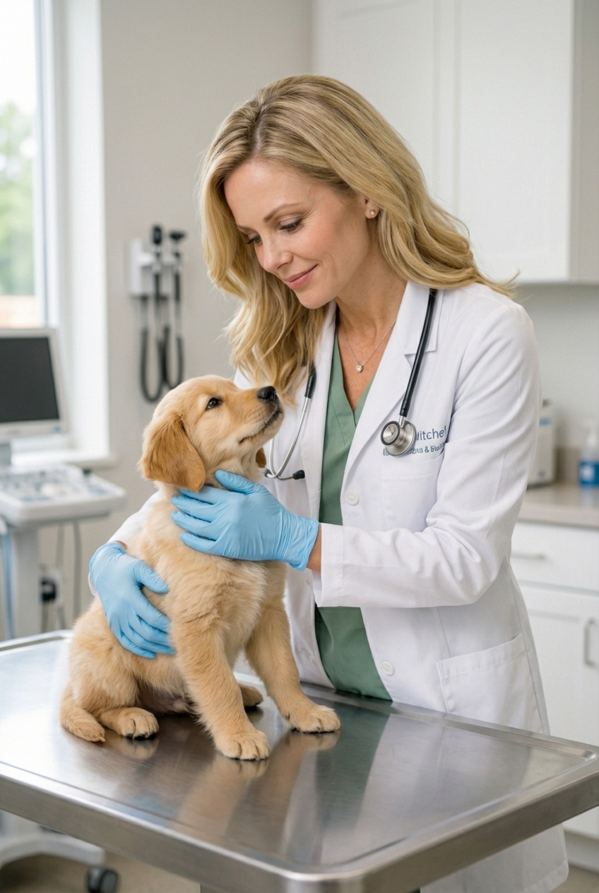 A veterinarian wearing gloves gently holding a small puppy on a clinic exam table