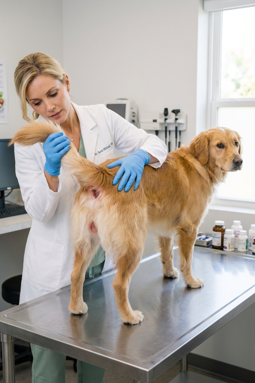 A veterinarian wearing gloves gently lifting a dog’s tail during an exam to inspect irritated skin near the anus, realistic clinical photography style
