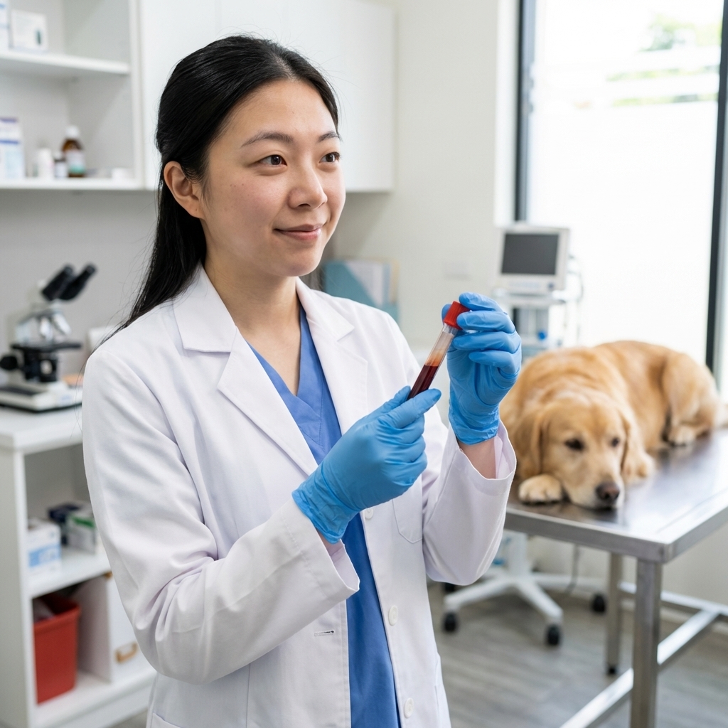 A veterinarian wearing gloves holding a blood sample tube in a clinic setting with a dog resting on an exam table in the background, photorealistic