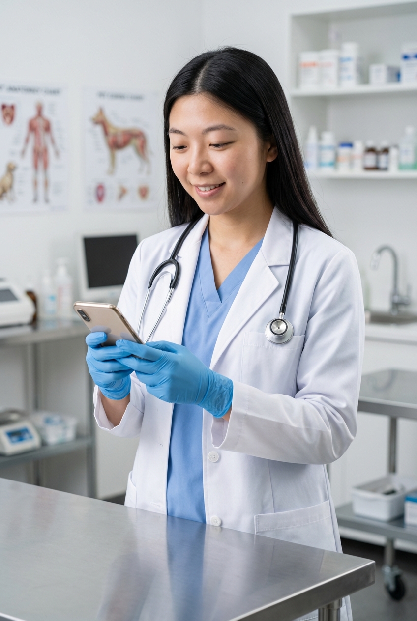 A veterinarian wearing gloves holding a phone while standing near a treatment table