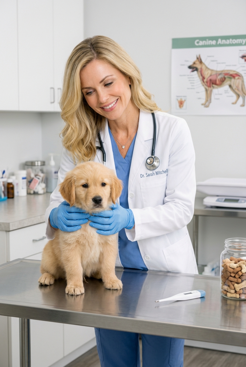 A veterinarian wearing gloves holding a puppy gently on an exam table