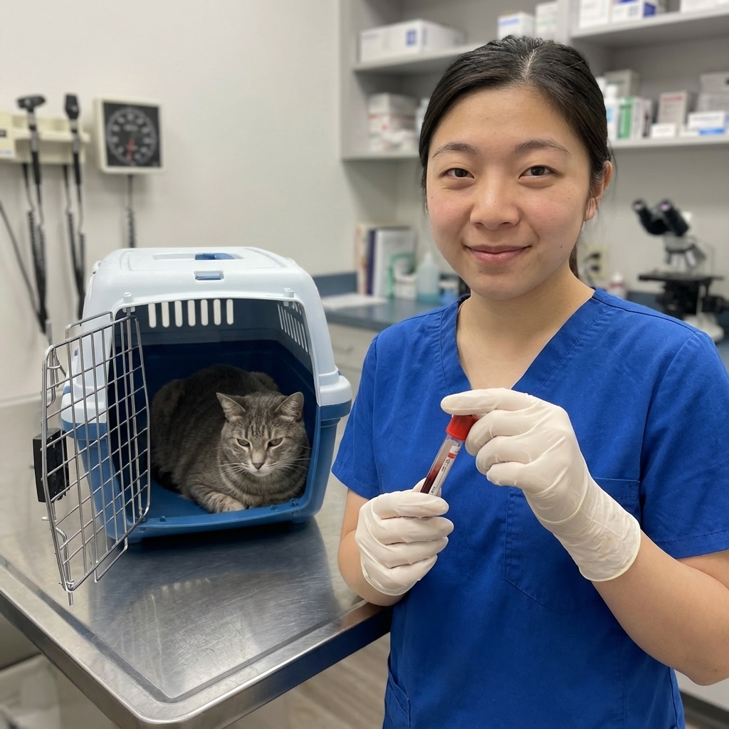 A veterinarian wearing gloves holding a small blood tube while a relaxed gray cat sits in a carrier in the background, real clinical photo