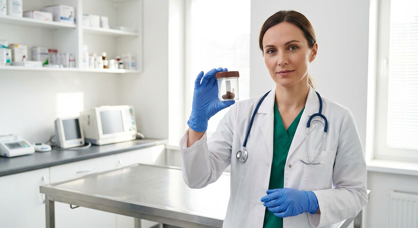 A veterinarian wearing gloves holding a small sealed stool sample container in a clinic exam room