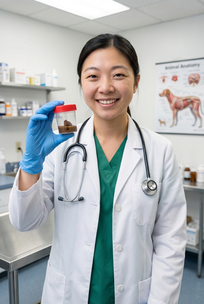 A veterinarian wearing gloves holding a small stool sample container in a clinic exam room