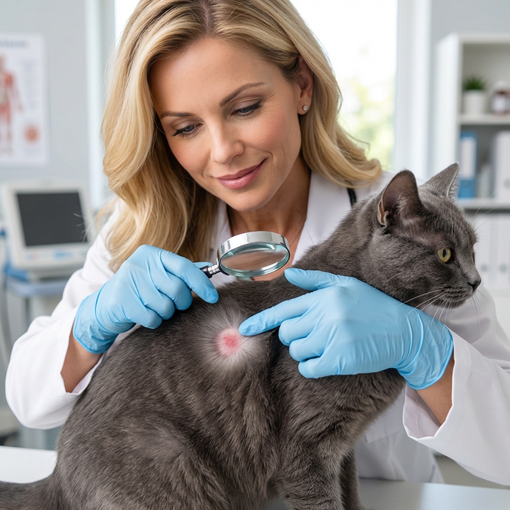A veterinarian wearing gloves parting a cat’s fur to inspect a small circular patch of hair loss