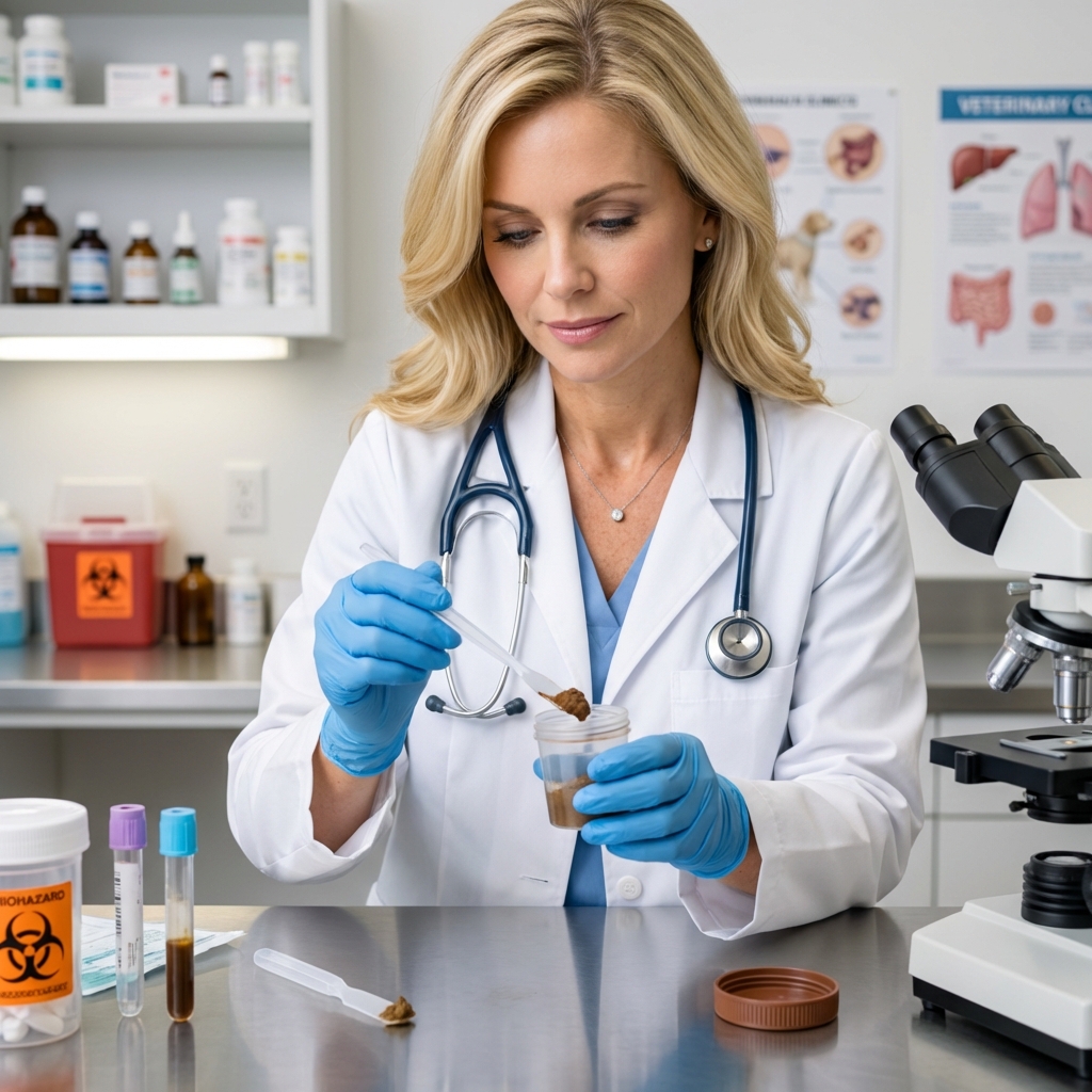 A veterinarian wearing gloves preparing a fecal sample container on a clinic counter