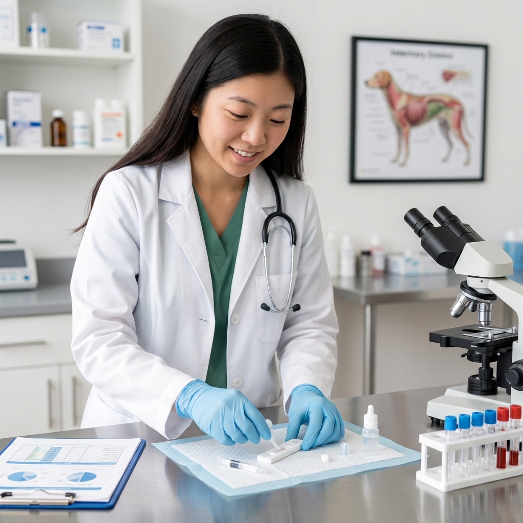 A veterinarian wearing gloves preparing a small in-clinic test kit on a counter