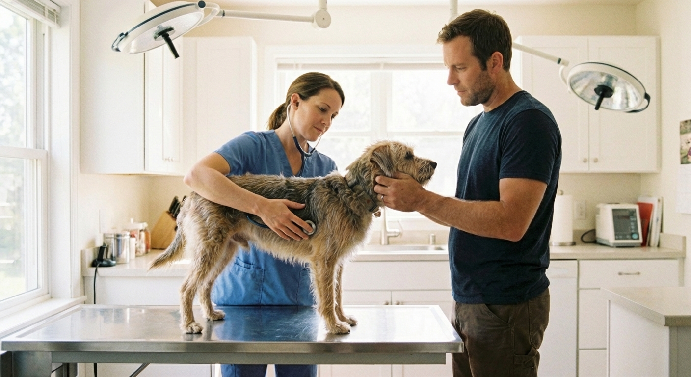 A veterinarian wearing scrubs gently examining a dog on an exam table in a bright clinic room