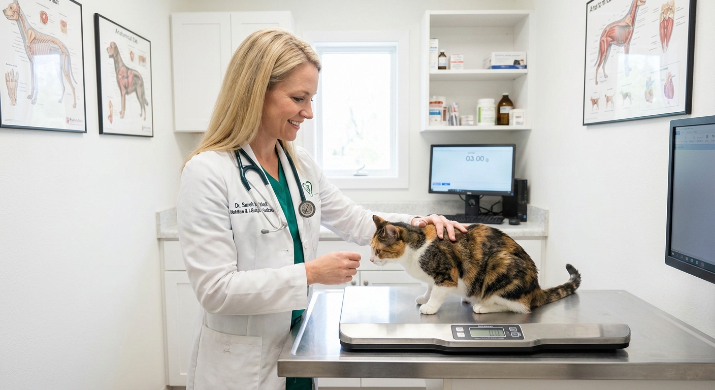A veterinarian weighing a cat on a clinic scale in a bright exam room