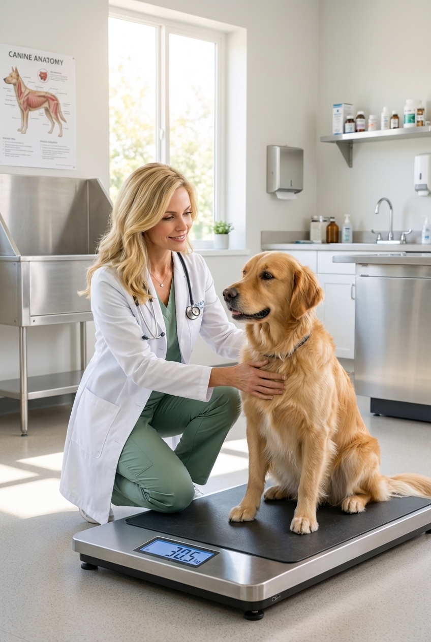 A veterinarian weighing a dog on a clinic scale in a bright exam room