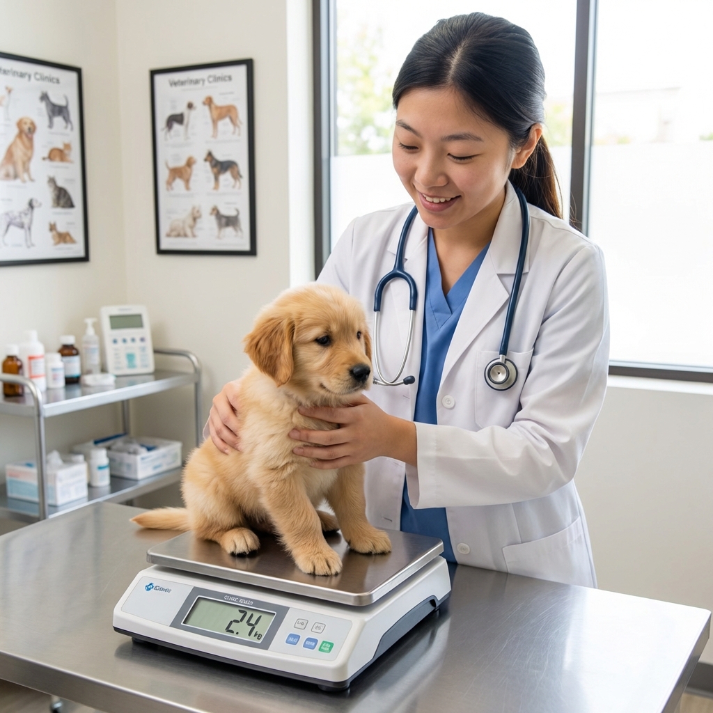A veterinarian weighing a small puppy on a clinic scale during a wellness visit