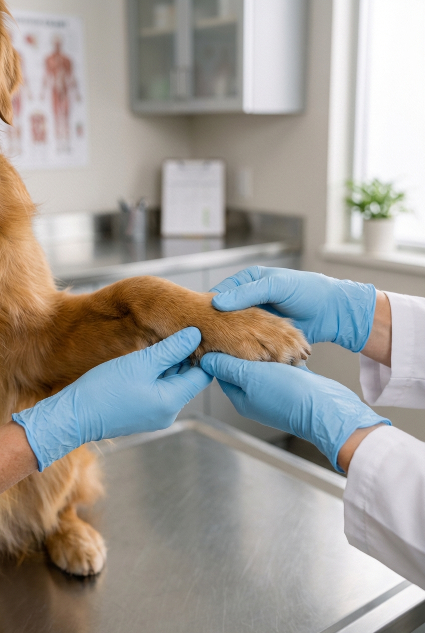 A veterinarian’s hands gently holding a dog’s paw in a quiet exam room