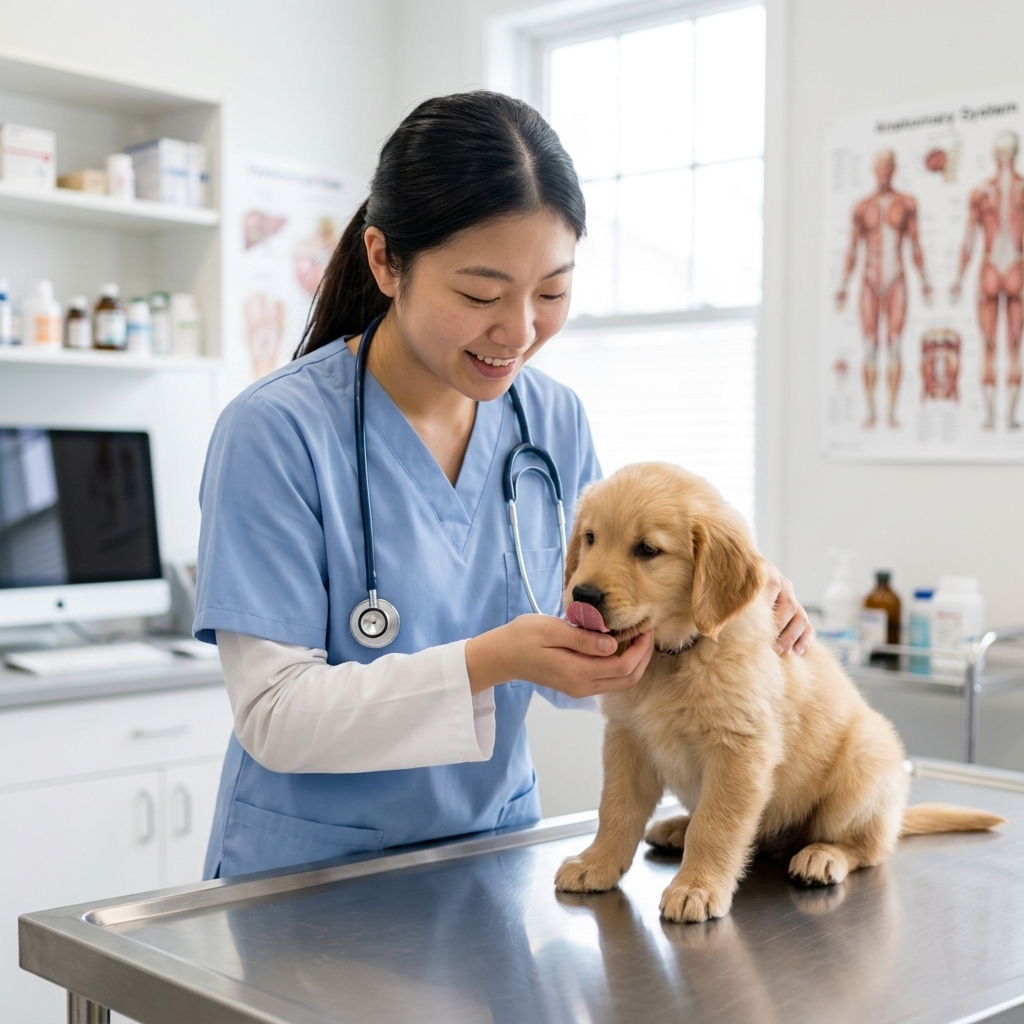 A veterinary assistant gently greeting a new puppy on an exam table in a clean veterinary exam room, candid real photograph