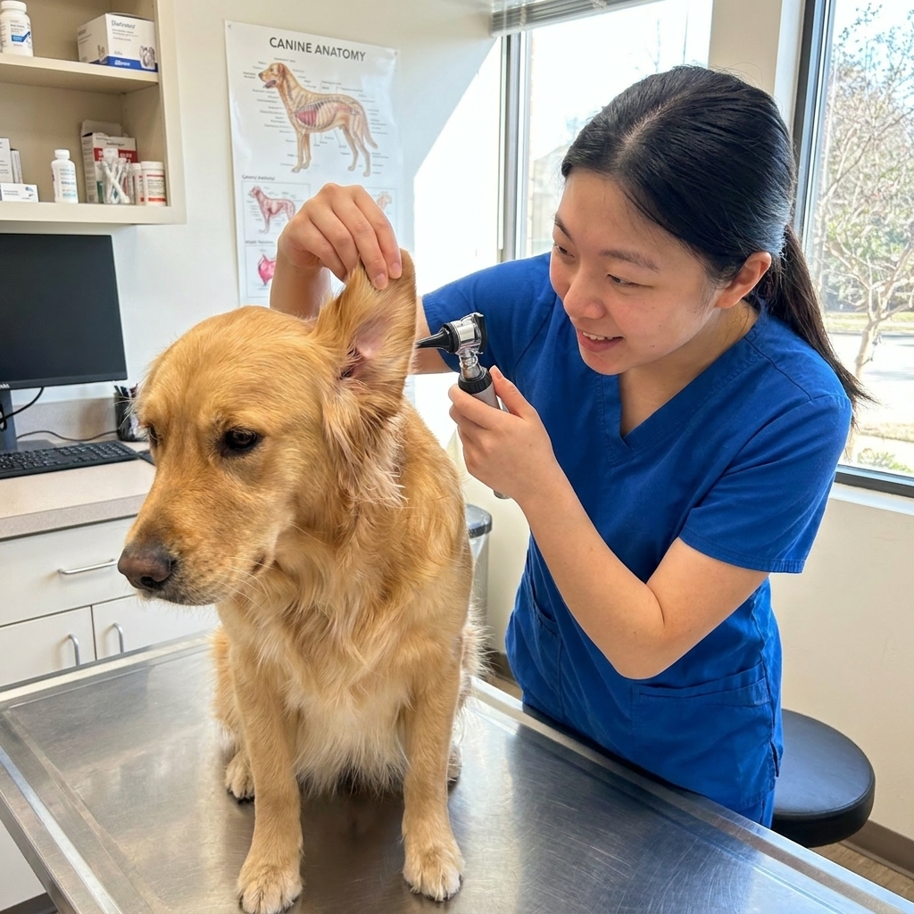 A veterinary assistant gently lifting a dog’s ear flap to check for redness and discharge in a bright veterinary exam room, real photo