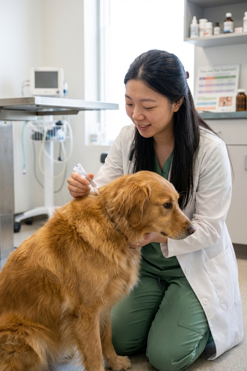 A veterinary assistant parting a dog’s fur and applying a topical flea and tick treatment to the skin at a veterinary clinic, realistic photography