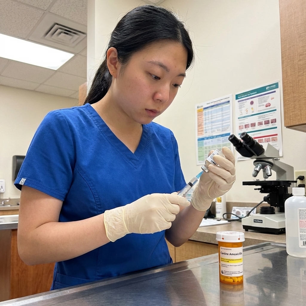 A veterinary assistant preparing a dog medication dose on a stainless steel clinic counter with a pill bottle nearby