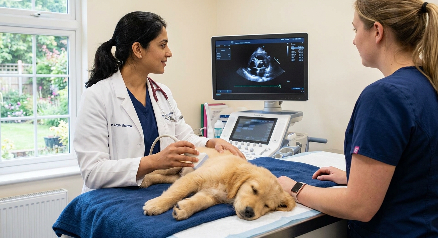 A veterinary cardiologist performing an echocardiogram ultrasound on a small puppy lying on a padded exam table