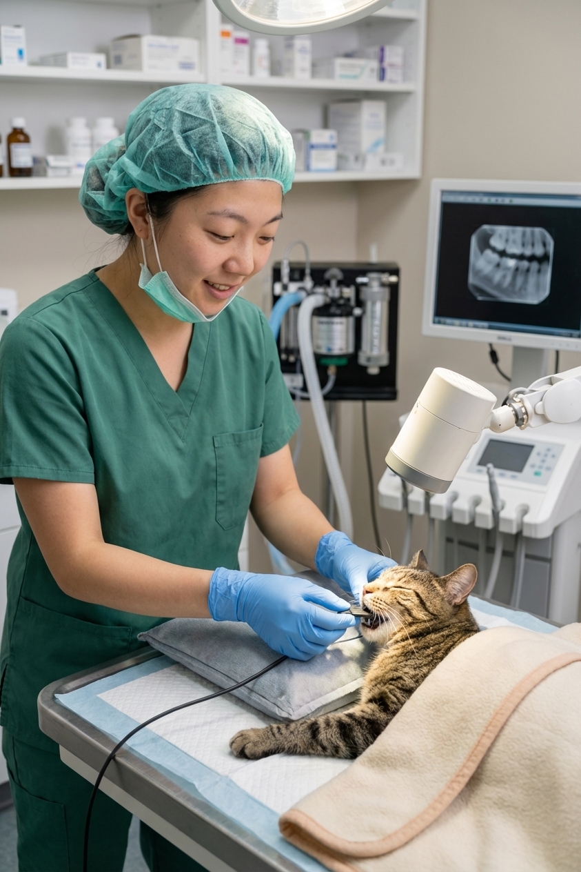 A veterinary dental procedure scene showing a cat under anesthesia with a technician positioning a small dental X-ray sensor near the mouth, clinical setting, realistic photography