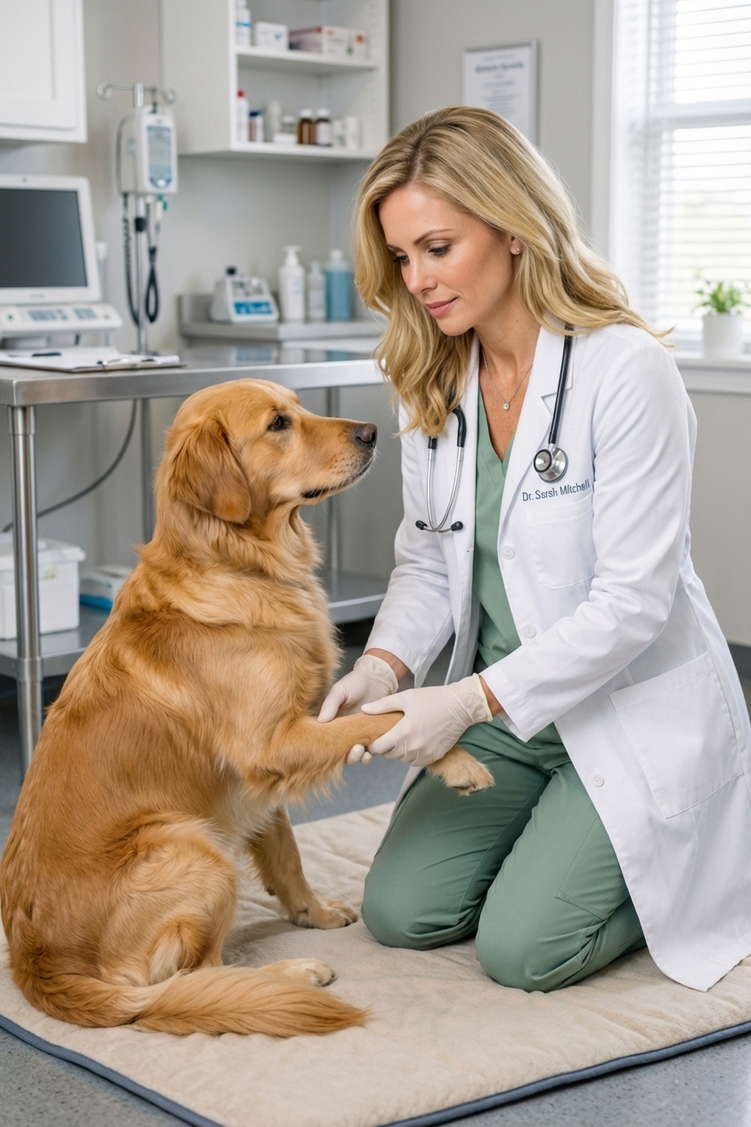 A veterinary professional supporting a medium-sized dog's hind leg and palpating the kneecap area during an orthopedic exam, realistic photograph