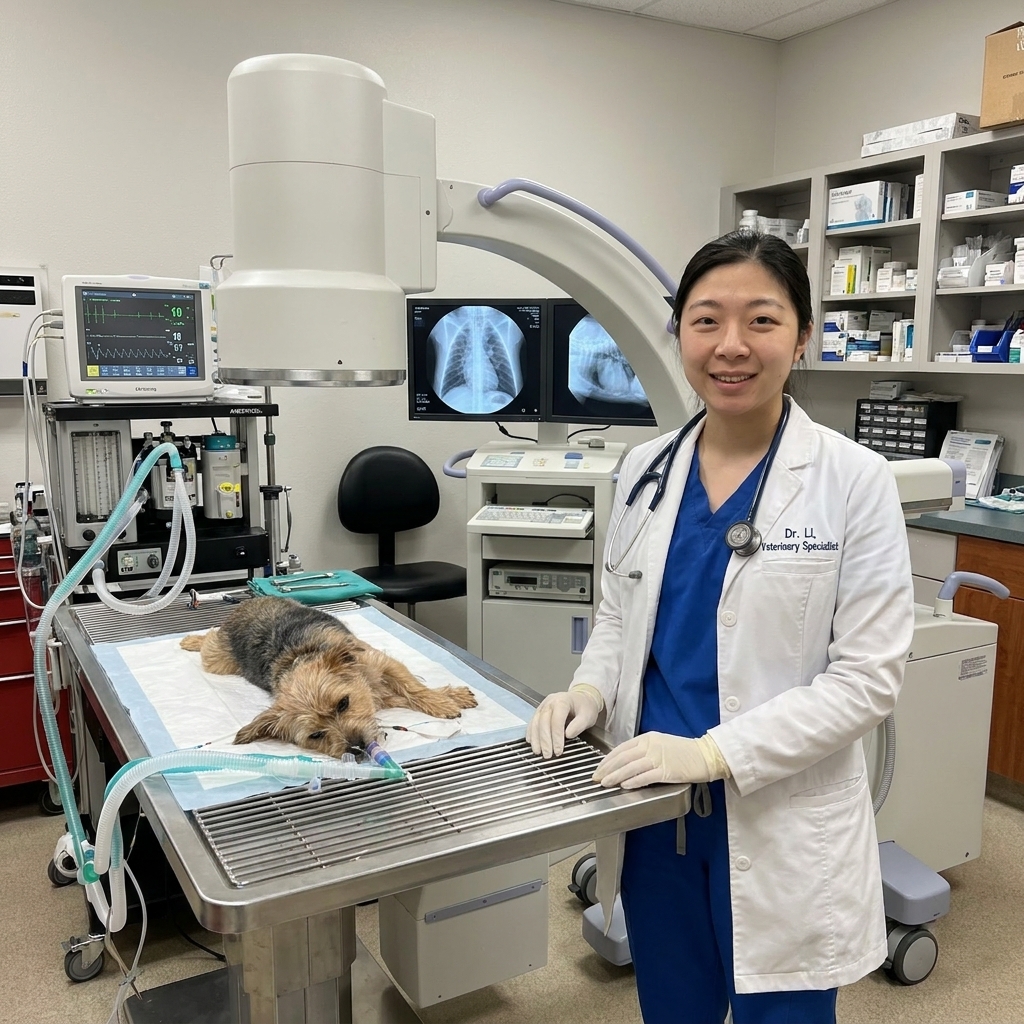 A veterinary specialist standing beside a fluoroscopy imaging unit in a procedure room prepared for a small dog airway intervention, clinical photo style