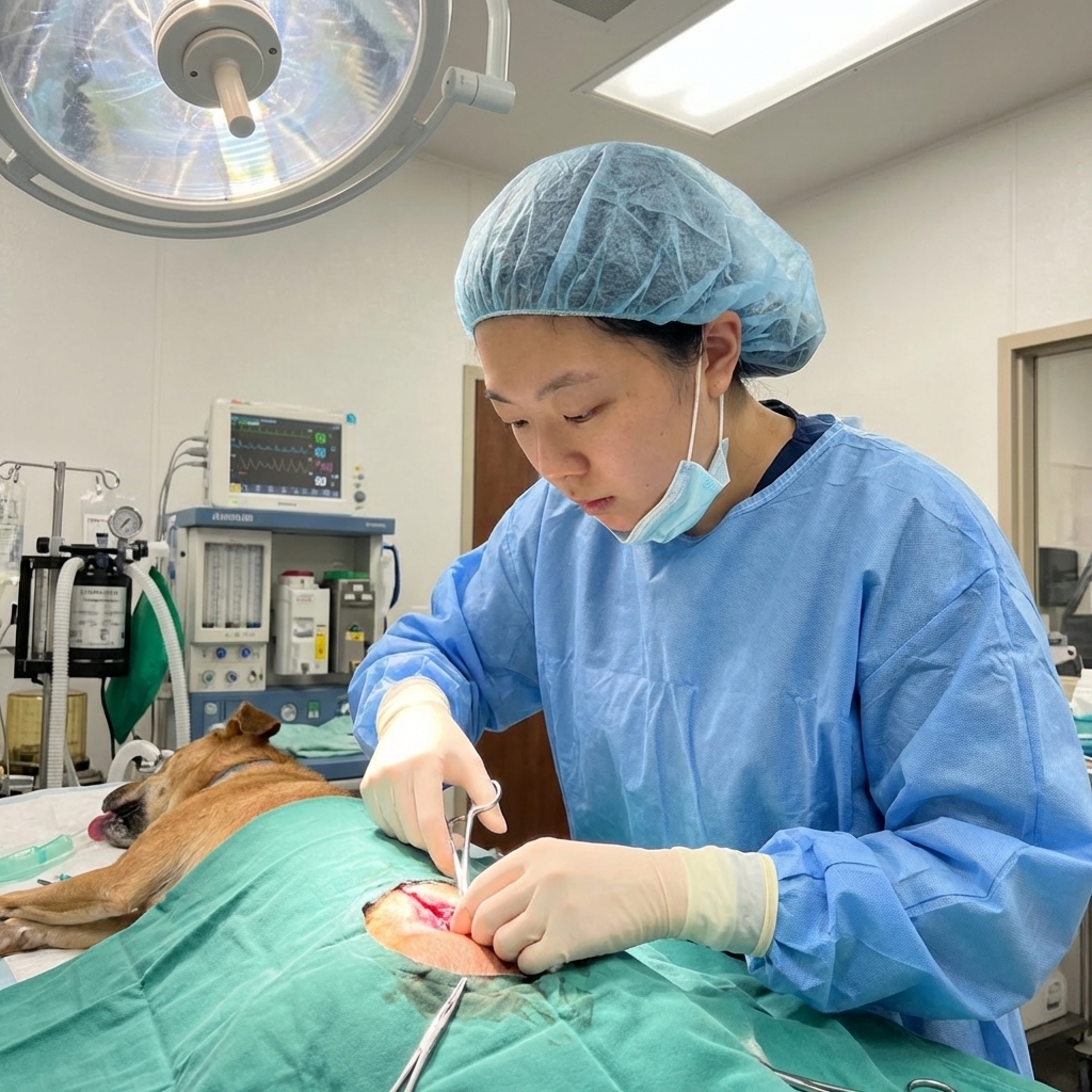 A veterinary surgeon in sterile gown and gloves preparing a dog for abdominal surgery on a surgical table under bright operating room lights, photorealistic clinical scene