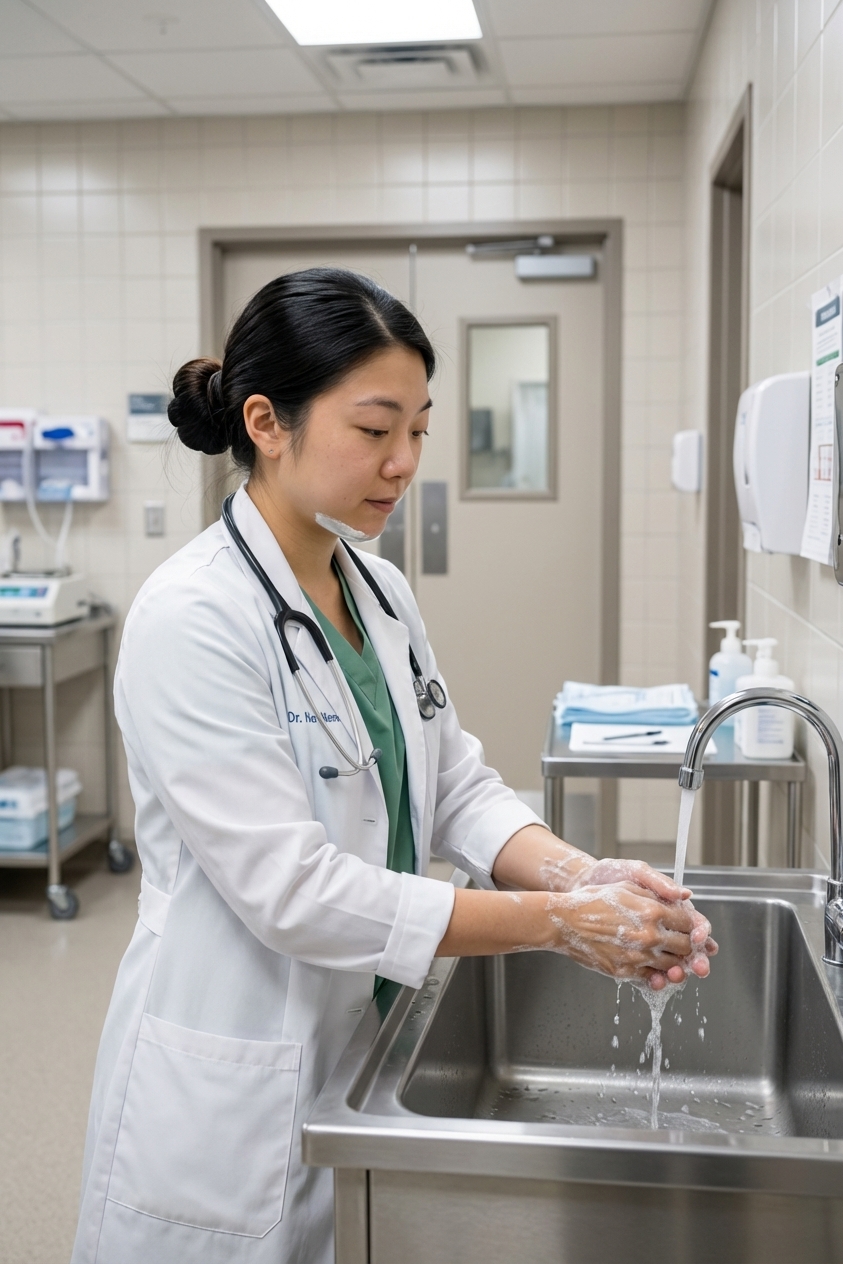 A veterinary surgeon washing hands at a scrub sink outside an operating room in an animal hospital