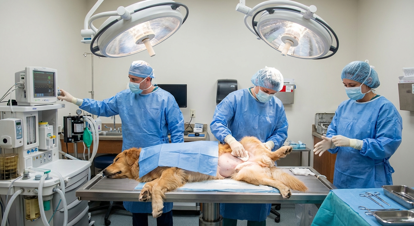 A veterinary surgery team in sterile gowns preparing a large dog for abdominal surgery on an operating table under bright surgical lights, photorealistic clinical scene
