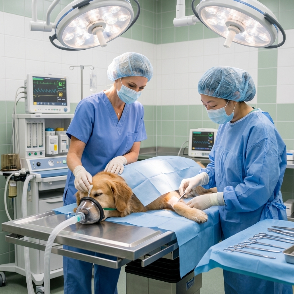 A veterinary surgical team preparing a medium-sized dog on an operating table in a modern veterinary hospital operating room, realistic photography style