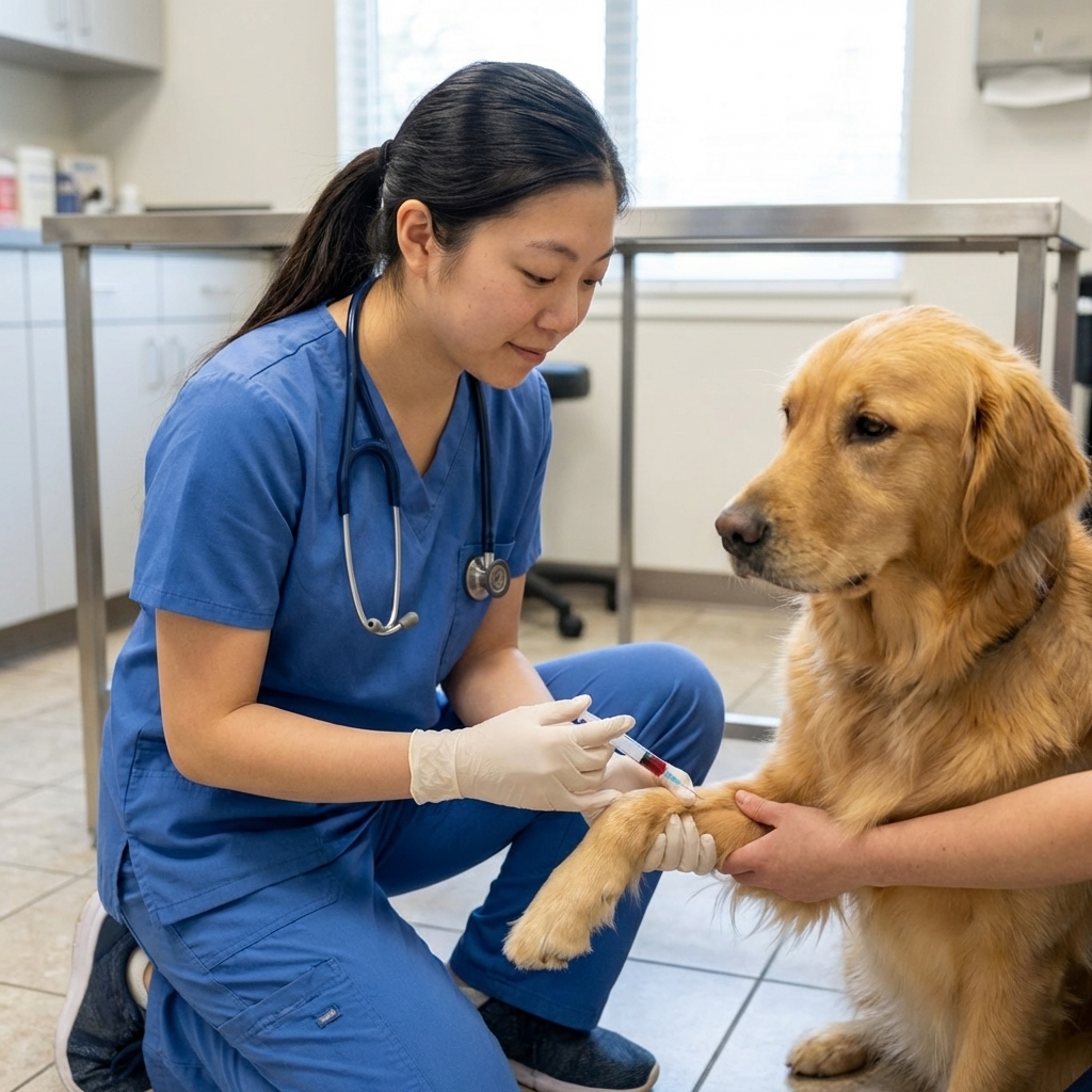 A veterinary technician collecting a small blood sample from a dog’s front leg vein in a clean clinic setting, photorealistic