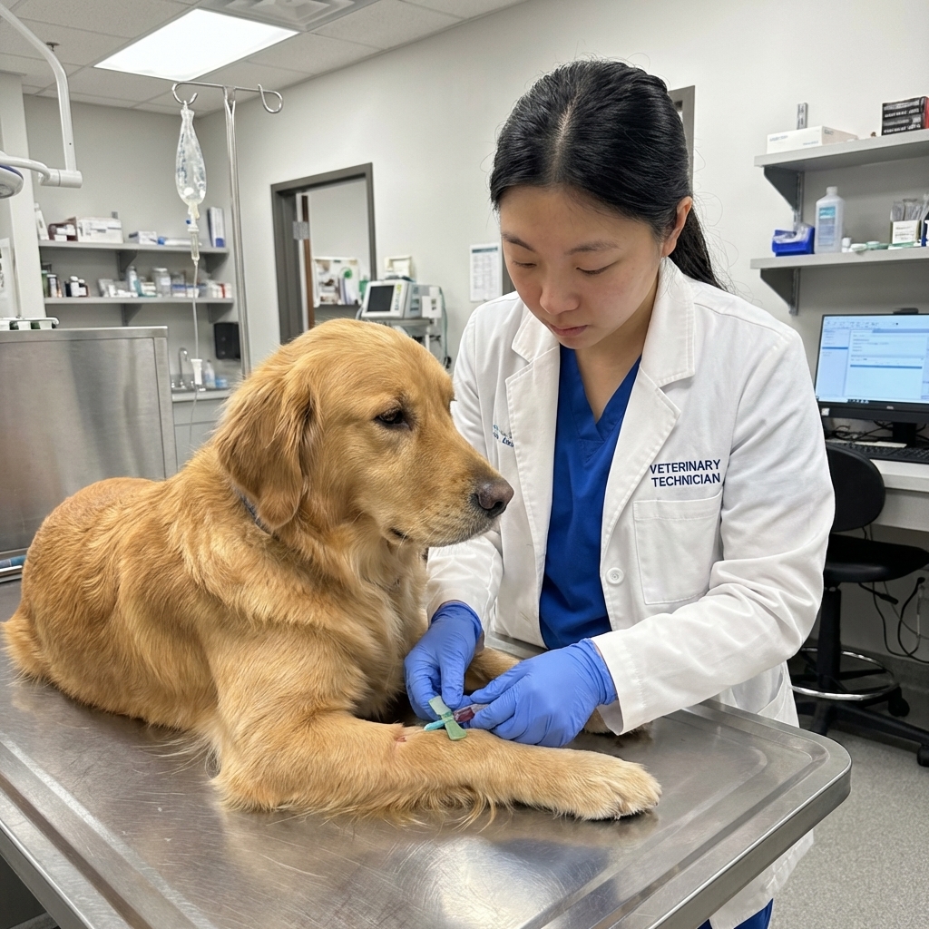 A veterinary technician drawing a blood sample from a calm dog on a treatment table in a modern animal hospital, realistic photography